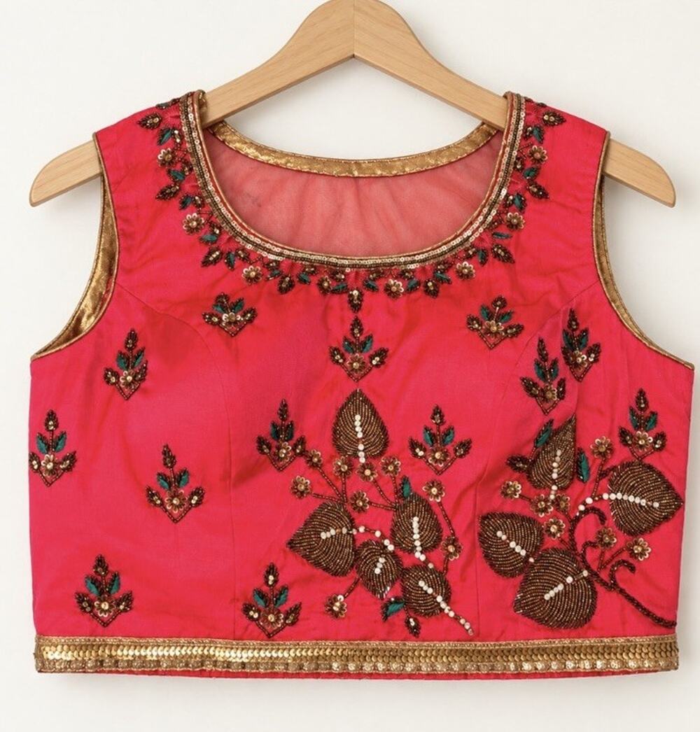 Indian Pink Silk Choli Blouse Gold Beaded Embroidered Sari Lehenga Crop Top